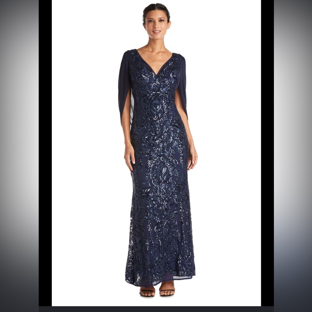 R&M Richards Navy Beaded Lace Evening Gown 10